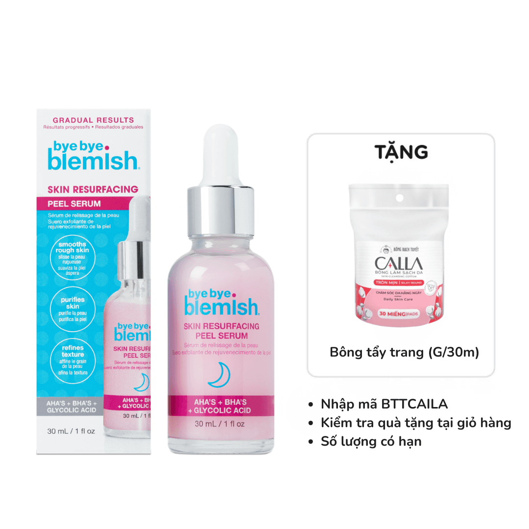 [Có quà tặng] Serum tẩy tế bào chết Bye bye Blemish Skin Resurfacing Peel Serum AHA + BHA (Chai 30ml) Tặng 1 bông tẩy trang Calla 30 miếng